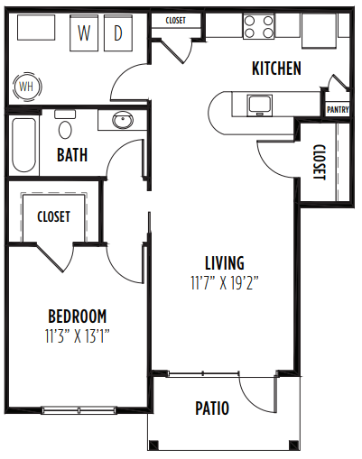 Floor plan for 1 bed, 1 bath, 901 sqft
